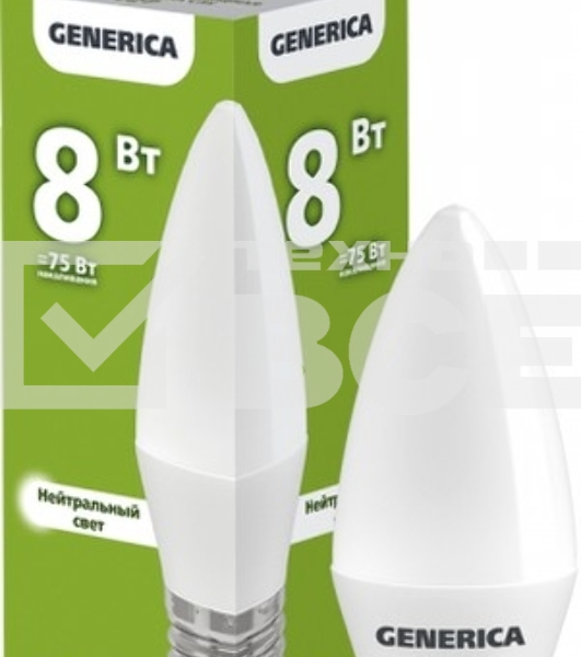 Лампа светодиодная C35 свеча 8Вт 230В 4000К E27 GENERICA