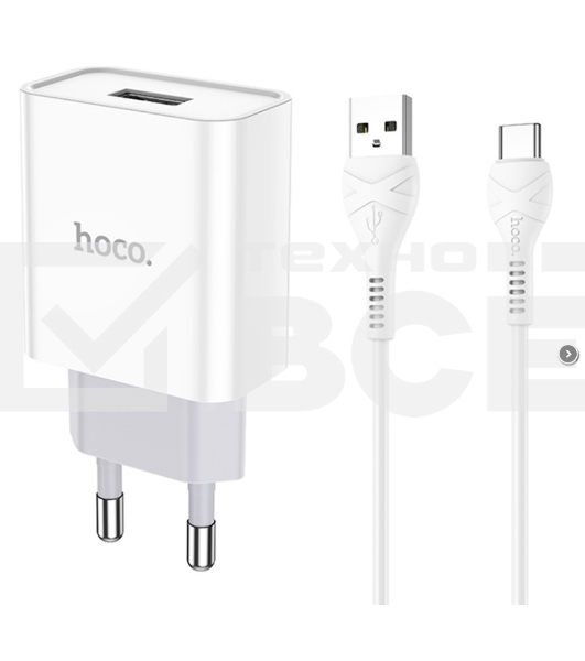 Блок питания (сетевой адаптер) HOCO C81A Asombroso single 1xUSB с кабелем Type-C, 2.1A, 10W, белый