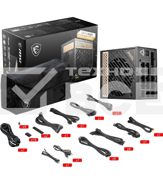 Блок питания MSI MEG Ai1300P (306-7ZP4A11-CE0), 1300Вт, 80 PLUS Platinum, 120мм, модульный, черный / золотой