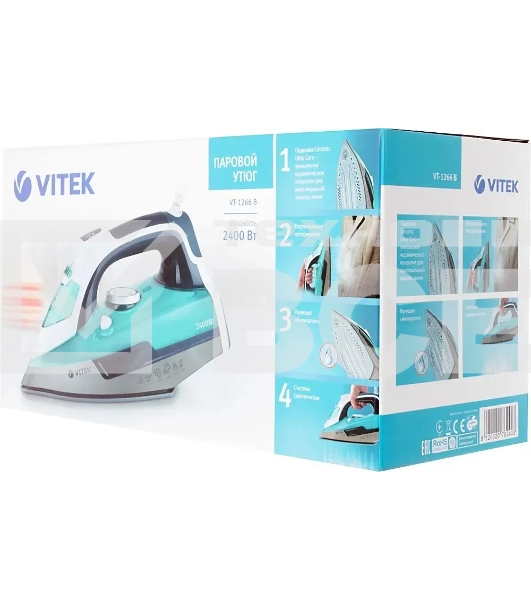 Утюг Vitek VT-1266 В Мощность 2400 Вт. Паровой удар: 140 г/мин. Вертикальное отпаривание. Функция разбрызгивания. Материал подошвы: Ceramic Ultra Care – уникальное керамическое покрытие для максимальной защиты ткани. Объeм резервуара для воды 300мл. Защит