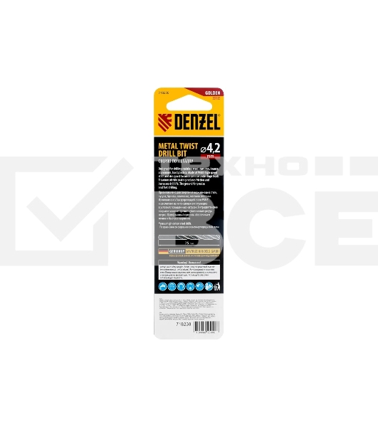 Сверло спиральное по металлу Denzel 4,2 x 75мм, Р6М5, Golden Tip