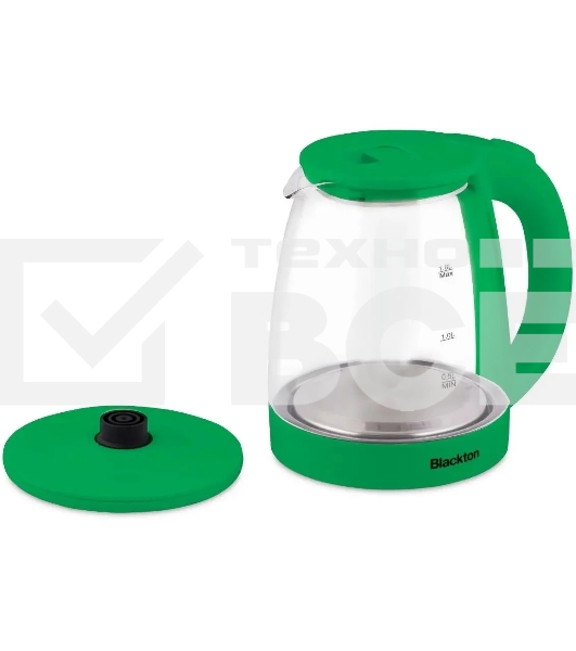 Чайник электрический Blackton Bt KT1800G Green. Мощность: 1500 Вт / Максимальный объем: 1.8 л / Материал корпуса: Стекло / Длина электрошнура: Около 0.8 м / Внутренняя подсветка: Да, синяя