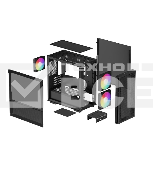 Компьютерный корпус Deepcool CH360 без БП, боковое окно (закаленное стекло), 2x140мм ARGB LED вентилятор спереди и 1x120мм ARGB LED вентилятор сзади, черный, mATX