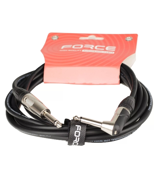 Кабель гитарный FORCE FGC-09/3L1/4' TS Jack - 1/4' TS Jack угловой, высококачественный, малошумящий с проводниками из безкислородной меди OFC, диаметр 6 мм, профессиональные металлические разъемы, длина 3 м, цвет черный