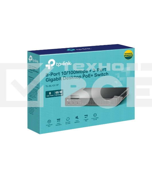 Настольный коммутатор TP-Link TL-SL1311P, 8 портов 10/100 Мбит/с с поддержкой PoE+, 2 гигабитных порта без поддержки PoE, 1 порт SFP, 802.3af/at, бюджет PoE — 65 Вт, стальной корпус