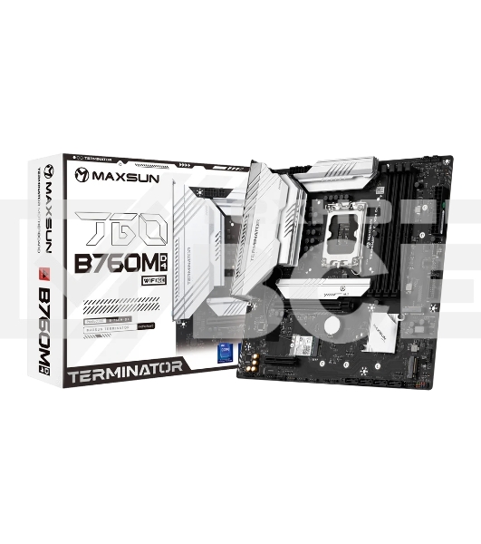 Материнская плата Maxsun Terminator B760M D4 WIFI6E, LGA 1700, Intel B760, 4xDDR4, 4xSATA, 3xM.2, 1xPCIe 5.0 x16, 1xPCIe 3.0 x4, 2xUSB-A 3.2 Gen 1, 2xUSB-A 3.2 Gen 2, 1xUSB-C 3.2 Gen 2x2, 1xHDMI, 1xDP, 1x 2.5Gb LAN, 3x3.5 мм, 5.1, M-ATX