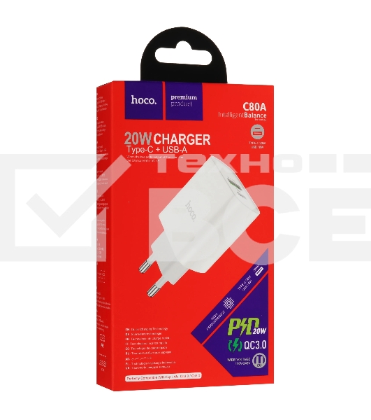 Блок питания (сетевой адаптер) HOCO C80A Rapido PD+QC3.0, 20W два порта (1хUSB-A, 1хType-C), белый