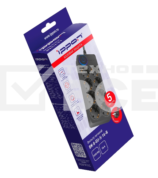 Сетевой фильтр Ippon BK-8-EU-5-16-B 5м (8 розеток) черный (коробка)