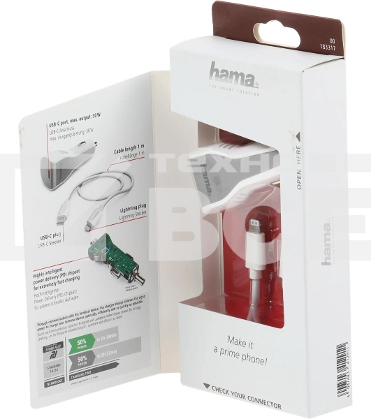 Комплект зарядное устройство Hama H-183317 3A PD для Apple кабель Apple Lightning/Type-C белый