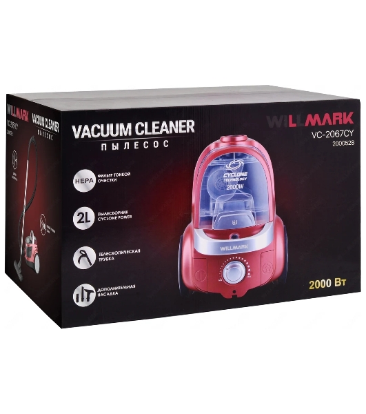 Пылесос Willmark VC-2067CY красный, 400/2000 Вт, уборка сухая, пылесборник контейнер 2 л