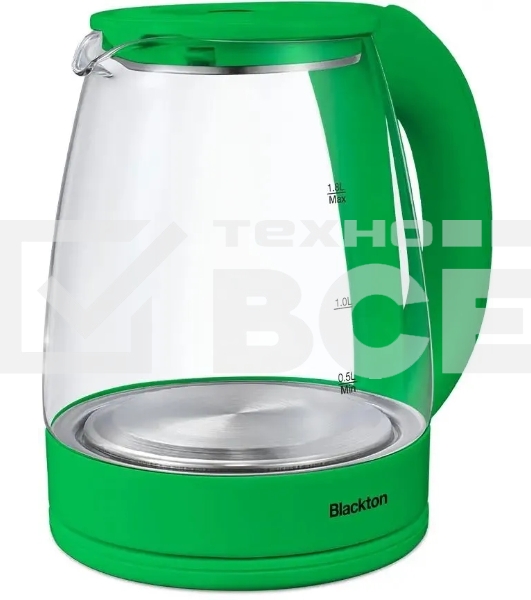 Чайник электрический Blackton Bt KT1800G Green. Мощность: 1500 Вт / Максимальный объем: 1.8 л / Материал корпуса: Стекло / Длина электрошнура: Около 0.8 м / Внутренняя подсветка: Да, синяя