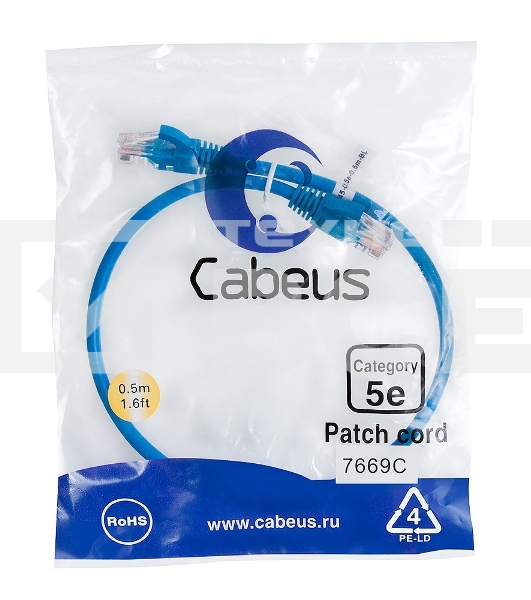 Шнур комм. Cabeus, кат. 5е, неэкр., U/UTP, RJ45/RJ45, LSZH, AWG24, 0.5м, синий