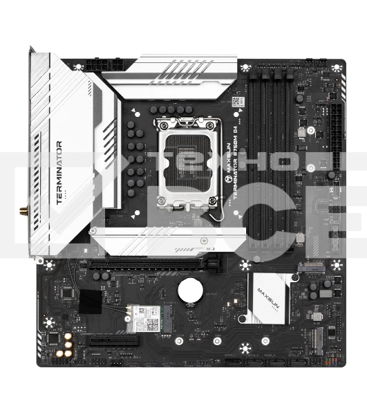 Материнская плата Maxsun Terminator B760M D4 WIFI6E, LGA 1700, Intel B760, 4xDDR4, 4xSATA, 3xM.2, 1xPCIe 5.0 x16, 1xPCIe 3.0 x4, 2xUSB-A 3.2 Gen 1, 2xUSB-A 3.2 Gen 2, 1xUSB-C 3.2 Gen 2x2, 1xHDMI, 1xDP, 1x 2.5Gb LAN, 3x3.5 мм, 5.1, M-ATX