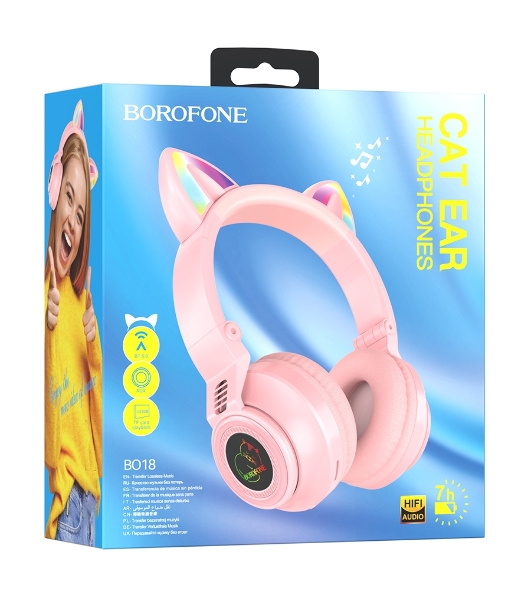 Беспроводные/проводные наушники Borofone BO18 розовый, накладные, Bluetooth + проводной, кошачьи ушки, до 12 ч
