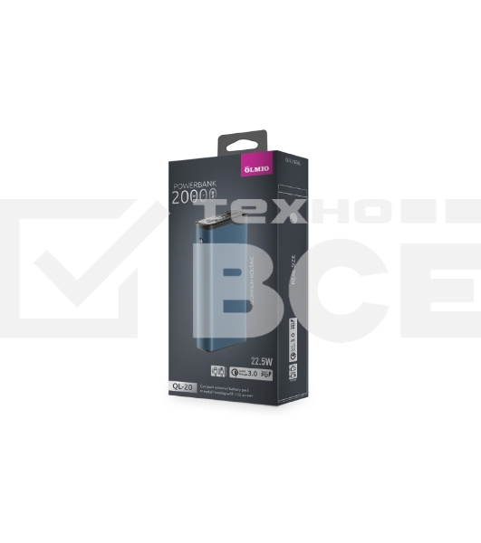 Портативный аккумулятор OLMIO QL-20, 20000mAh, 22.5W, QuickCharge3.0/PowerDelivery, LCD, голубой