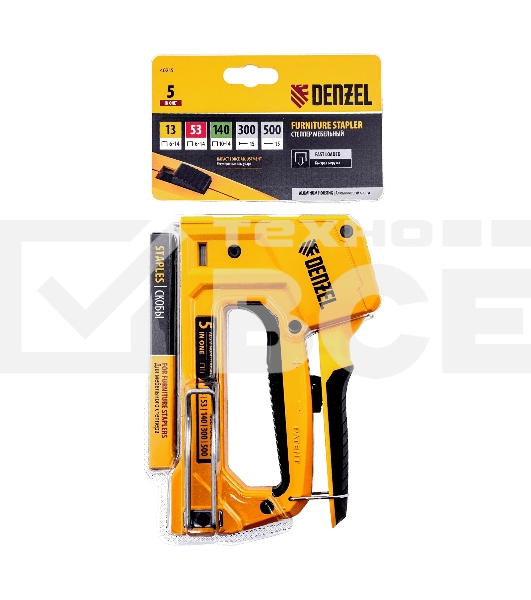 Степлер мебельный Denzel тип 53 и 13, 6-14мм, тип 140, 10-14мм, тип 300, 15мм, тип 500, 15мм