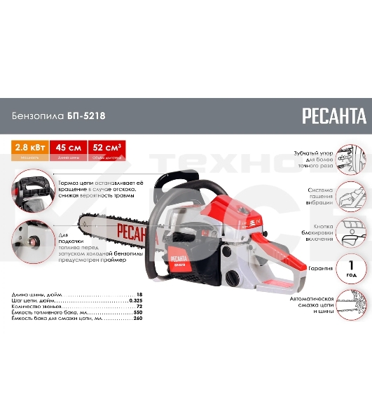 Бензопила Ресанта БП-5218 2800Вт дл.шины:18