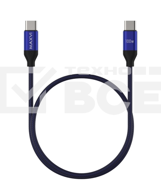 Кабель Maxvi MCw-100TT blue USB-C - USB-C, 5A разъемы USB-C - USB - C, Максимальная мощность 100W, ток макс. нагрузки 5А, макс. напряжение 20V;стандарт USB 3.1, длина 1.2м, нейлоновая оплетка, металлические корпуса разъемов, цвет синий.