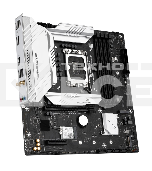 Материнская плата Maxsun Terminator B760M D4 WIFI6E, LGA 1700, Intel B760, 4xDDR4, 4xSATA, 3xM.2, 1xPCIe 5.0 x16, 1xPCIe 3.0 x4, 2xUSB-A 3.2 Gen 1, 2xUSB-A 3.2 Gen 2, 1xUSB-C 3.2 Gen 2x2, 1xHDMI, 1xDP, 1x 2.5Gb LAN, 3x3.5 мм, 5.1, M-ATX