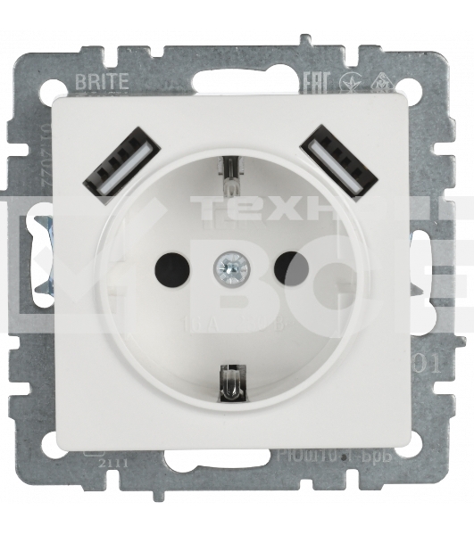 Розетка 1-местная IEK BRITE РЮш10-1-БрБ (BR-R14-16-U21-D21-K01) 16А, с USB A+A 2.1А, с заземлением с защитными шторками, белый