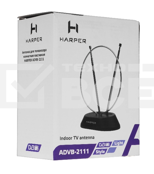 Телевизионная антенна Harper ADVB-2111 (комнатная, пассивная;DVB-T2; VHF / UHF (174–230 MHz, 470-862 MHz); 20 dB; 75; 3dB; 1 м)