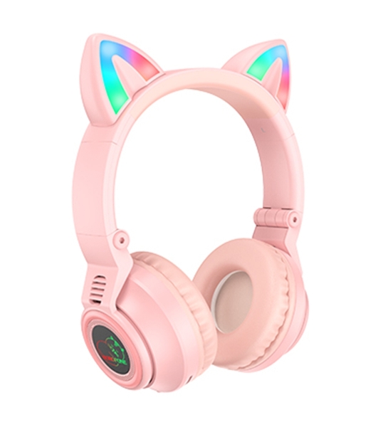 Беспроводные/проводные наушники Borofone BO18 розовый, накладные, Bluetooth + проводной, кошачьи ушки, до 12 ч