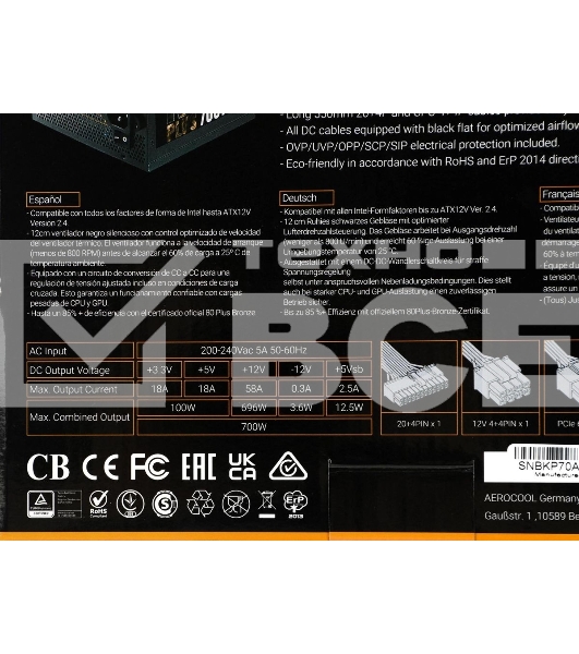 Блок питания Aerocool/Formula AC KCAS PLUS 700, 700Вт, 80 PLUS Bronze, 120мм черный (аналог Aerocool KCAS PLUS 700W)