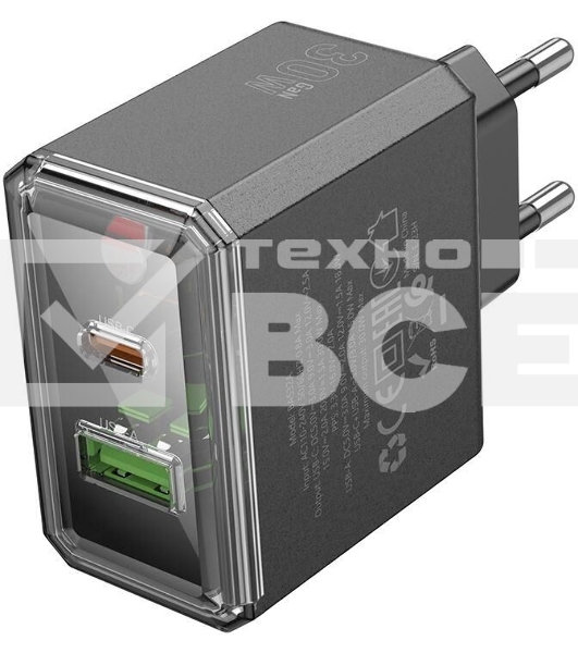 Сетевое зарядное устройство BOROFONE (6941991110641) 1USB+1Type-C 3.0A QC3.0 PD 30W, черный