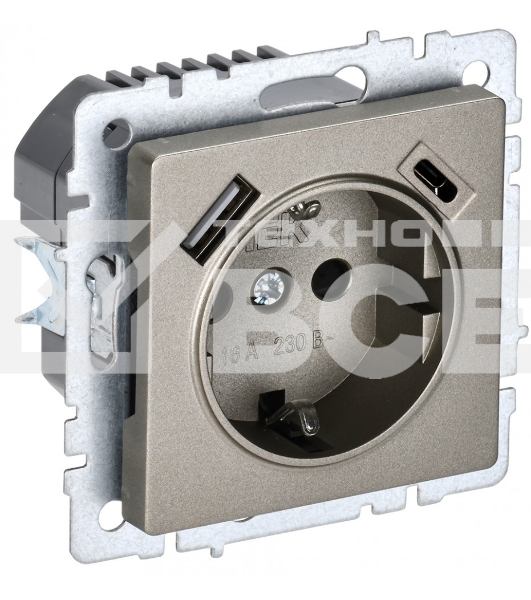 Розетка 1-местная IEK BRITE РЮш11-1-БрШ (BR-R14-16-U22-018-K37) с заземлением, с защитными шторками, 16А, с USB A+C 18 Вт, шампань