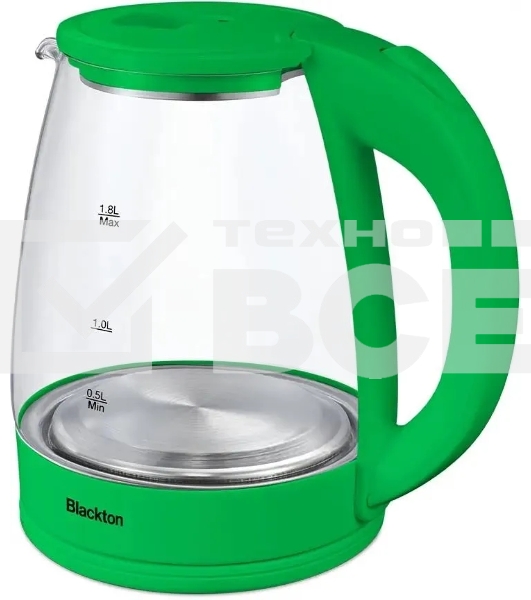 Чайник электрический Blackton Bt KT1800G Green. Мощность: 1500 Вт / Максимальный объем: 1.8 л / Материал корпуса: Стекло / Длина электрошнура: Около 0.8 м / Внутренняя подсветка: Да, синяя