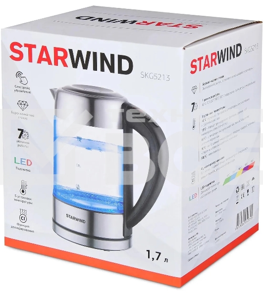 Чайник электрический Starwind SKG5213 1.7 л, 2200 Вт, черный/серебристый