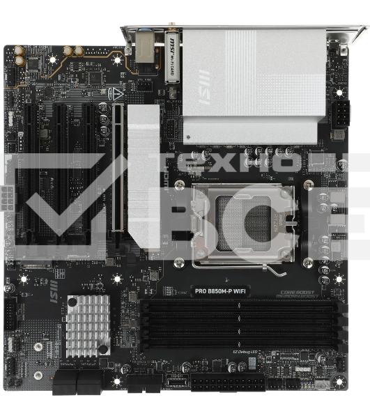 Материнская плата MSI PRO B850M-P WIFI, AM5, AMD B850, 4xDDR5, 4xSATA, 3xM.2, 1xPCIe 5.0 x16, 1xPCIe 4.0 x4, 2xPCIe 3.0 x1, 1xHDMI, 2xUSB-C 10Gbps, 1xUSB-A 5Gbps, 1xUSB-A 10Gbps, 4xUSB-A 2.0, 2x3.5 мм, S/PDIF, 1x5Gb LAN, Wi-Fi 7, Bluetooth 5.4, 7.1, mATX