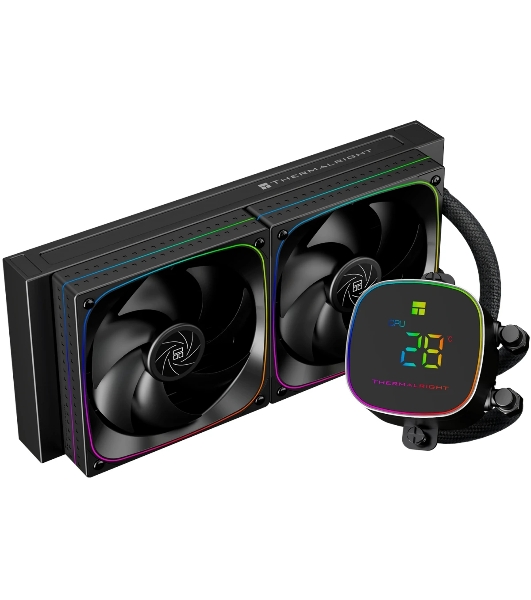 Система жидкостного охлаждения Thermalright Frozen Horizon 240 Digital (240мм, LED temp., Black, ARGB/Fans: 2x120мм, 68.9CFM, 28.2dBA, 2000RPM/Pump height 53.2мм, Rad thickness 27мм/S: 1700, 1200, 1851, 115X, AM5, AM4)