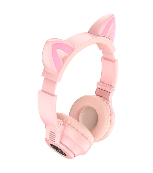 Беспроводные/проводные наушники Borofone BO18 розовый, накладные, Bluetooth + проводной, кошачьи ушки, до 12 ч