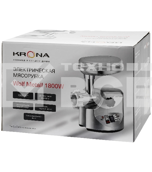 Мясорубка электрическая Krona Wolf Metall серый, 1800 Вт, 2.8 кг/мин, реверс, металлический лоток, насадки - 5