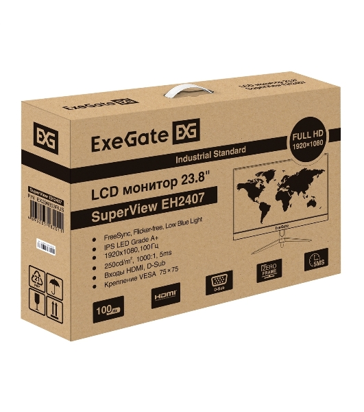 Монитор 23.8' ExeGate SuperView EH2407 IPS 1920x1080, 100 Гц, 5 мс, 16:9, 250 кд/м², HDMI 1.4, VGA, FreeSync, черный
