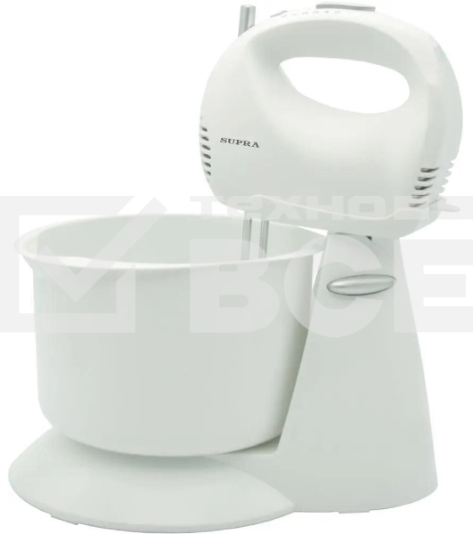 Миксер SUPRA MXS-530 с чашей. 500 Вт. Режим Турбо. 5 скоростей. Две насадки: для взбивания яиц и крема и для замеса тяжелого теста. белый