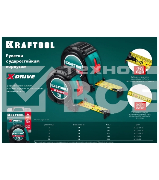 Рулетка KRAFTOOL X-Drive 3м / 19мм с ударостойким обрезиненным корпусом