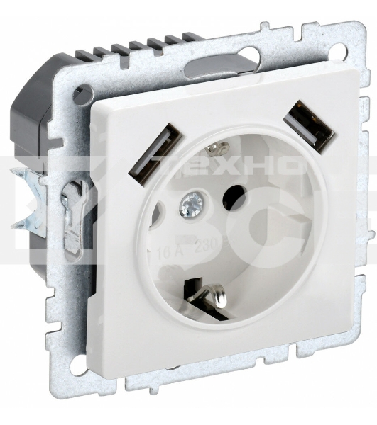 Розетка 1-местная IEK BRITE РЮш10-1-БрБ (BR-R14-16-U21-D21-K01) 16А, с USB A+A 2.1А, с заземлением с защитными шторками, белый