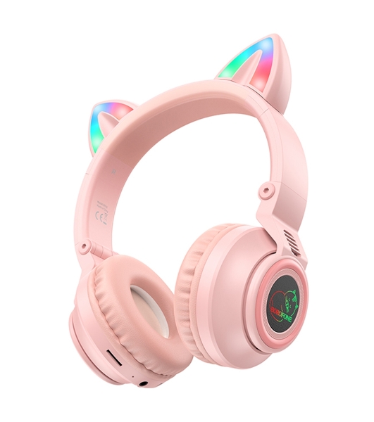 Беспроводные/проводные наушники Borofone BO18 розовый, накладные, Bluetooth + проводной, кошачьи ушки, до 12 ч