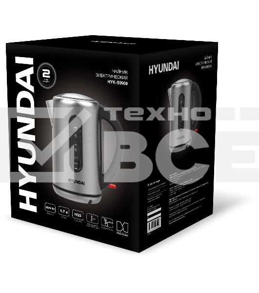 Чайник электрический Hyundai HYK-S9909 1.7л. 2200Вт серебристый матовый/черный корпус: металл
