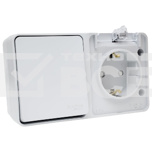 Блок открытого монтажа AtlasDesign PROFI IP54: розетка с заземлением со шторками 16А, выключатель 1-клав.10А, серый