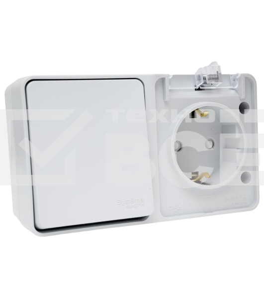 Блок открытого монтажа AtlasDesign PROFI IP54: розетка с заземлением со шторками 16А, выключатель 1-клав.10А, серый