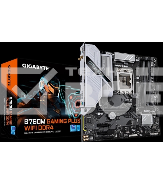 Материнская плата Gigabyte B760M GAMING PLUS WIFI DDR4, LGA1700, Intel B760, 4xDDR4, 4xSATA, 2xM.2, 1xPCIe 4.0 x16, 2xPCIe 3.0 x1, 1xDP, 1xHDMI, 1x1Gb LAN, Wi-Fi 6, Bluetooth 5.3, 3xUSB-A 5Gbps, 6xUSB-A 2.0, 1xUSB-C 5Gbps, 3x3.5 мм, 7.1, mATX