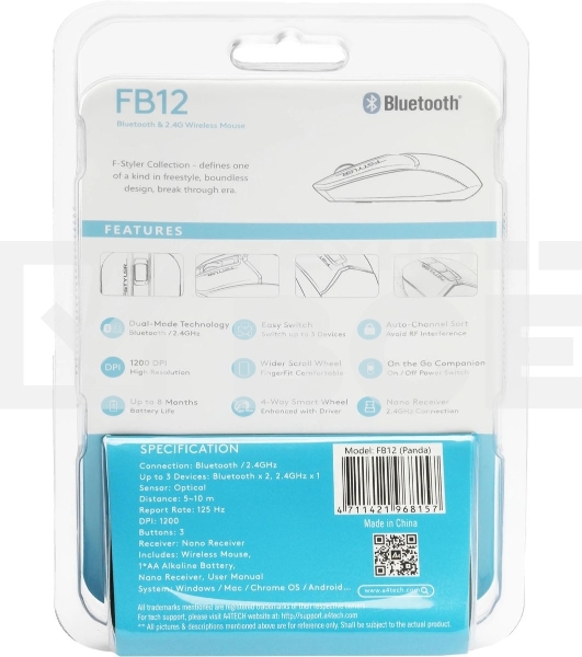 Мышь беспроводная A4Tech Fstyler FB12 белый/черный, 1200 dpi, радиоканал, Bluetooth, USB, кнопки - 3