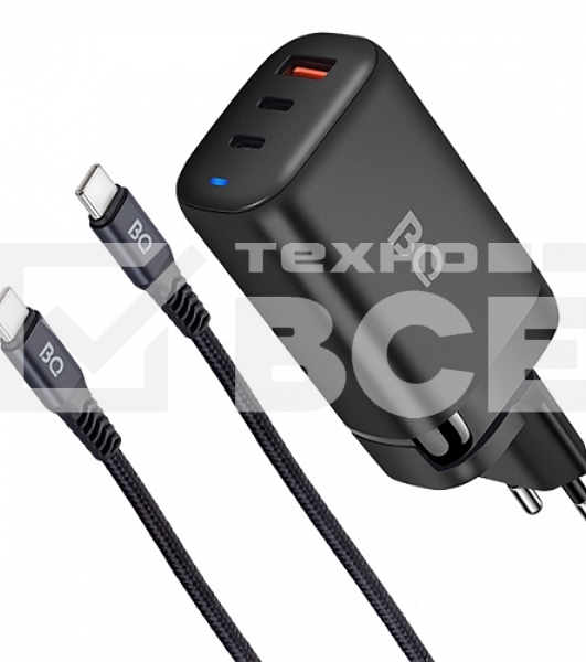 Зарядное устройство BQ Charger 65W3A01 (3 ports 2*Type-C + USB, 65W with 2m Type-C cable) черный