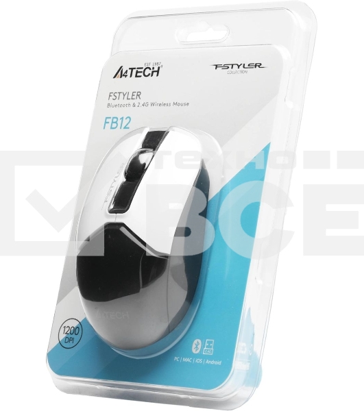 Мышь беспроводная A4Tech Fstyler FB12 белый/черный, 1200 dpi, радиоканал, Bluetooth, USB, кнопки - 3