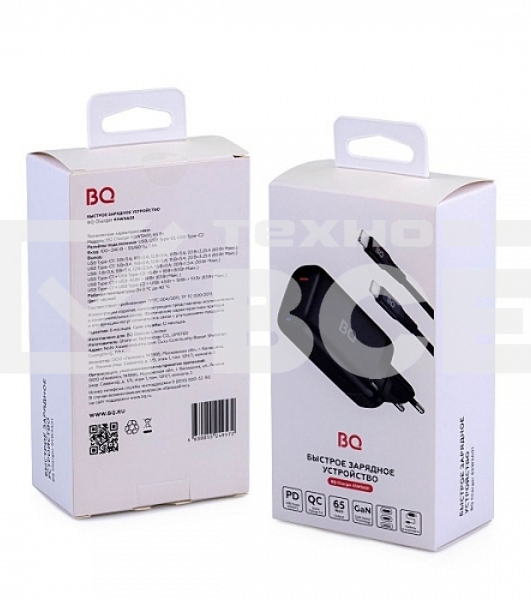 Зарядное устройство BQ Charger 65W3A01 (3 ports 2*Type-C + USB, 65W with 2m Type-C cable) черный
