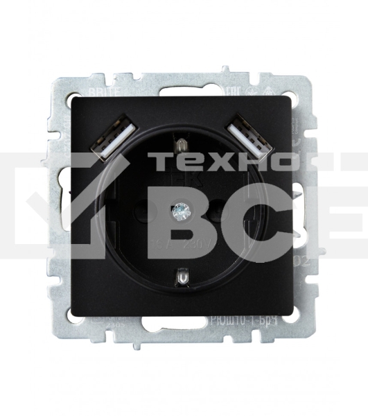 Розетка 1-местная IEK BRITE РЮш10-1-БрЧ (BR-R14-16-U21-D21-K02) 16А, с USB A+A 2.1А, с заземлением с защитными шторками, чёрный