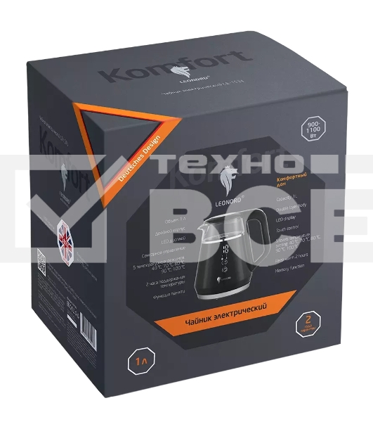 Чайник электрический LEONORD LE-1534 1 л, 1100 Вт, пластик/стекло, черный